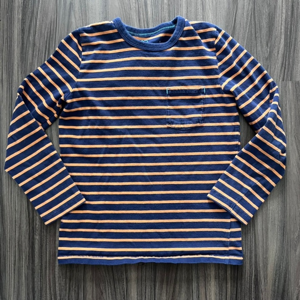 Boden‎ Cotton Striped Crew Neck Long Sleeve Pocket Tee Navy Orange size 7-8Y